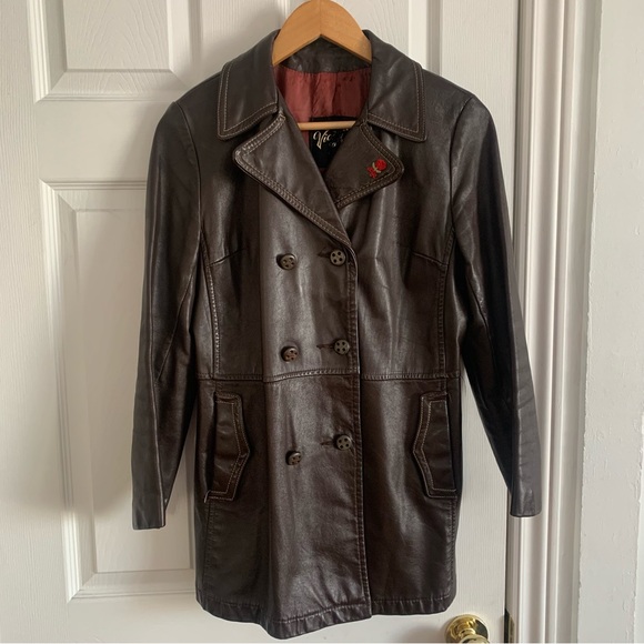 Vintage Chocolate Brown Leather Jacket with Red Rose - Picture 5 of 16